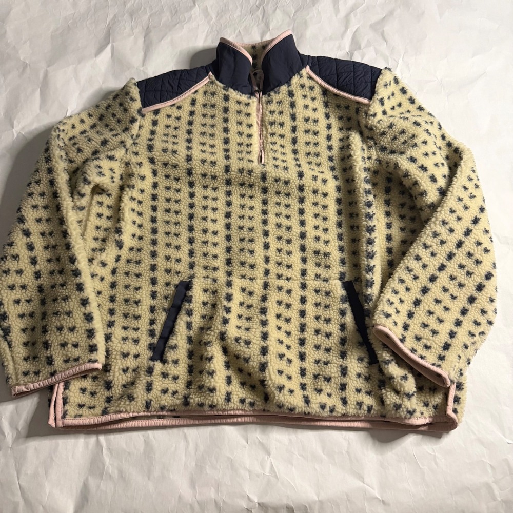LL Bean Signature Fleece Pullover Yoke Pile Sherpa Tan Blue Geo Print‎ Womens XL